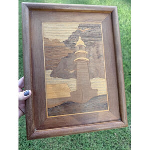 Vintage Marquetry Art Inlaid Wood Lighthouse Framed 10" x 12.5"